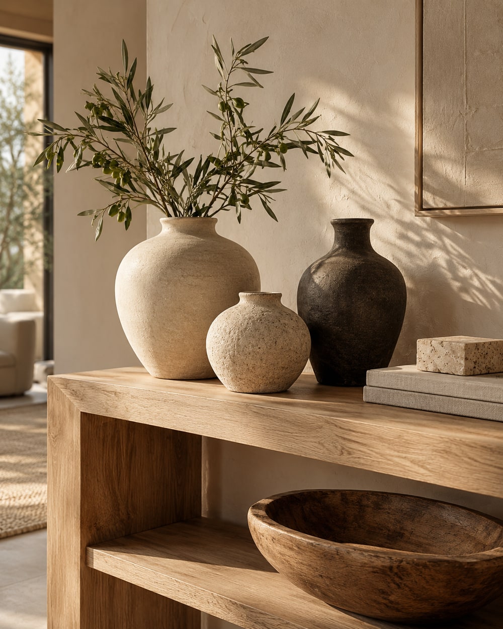 Sculptural neutral ceramic vessels arranged on an oak console