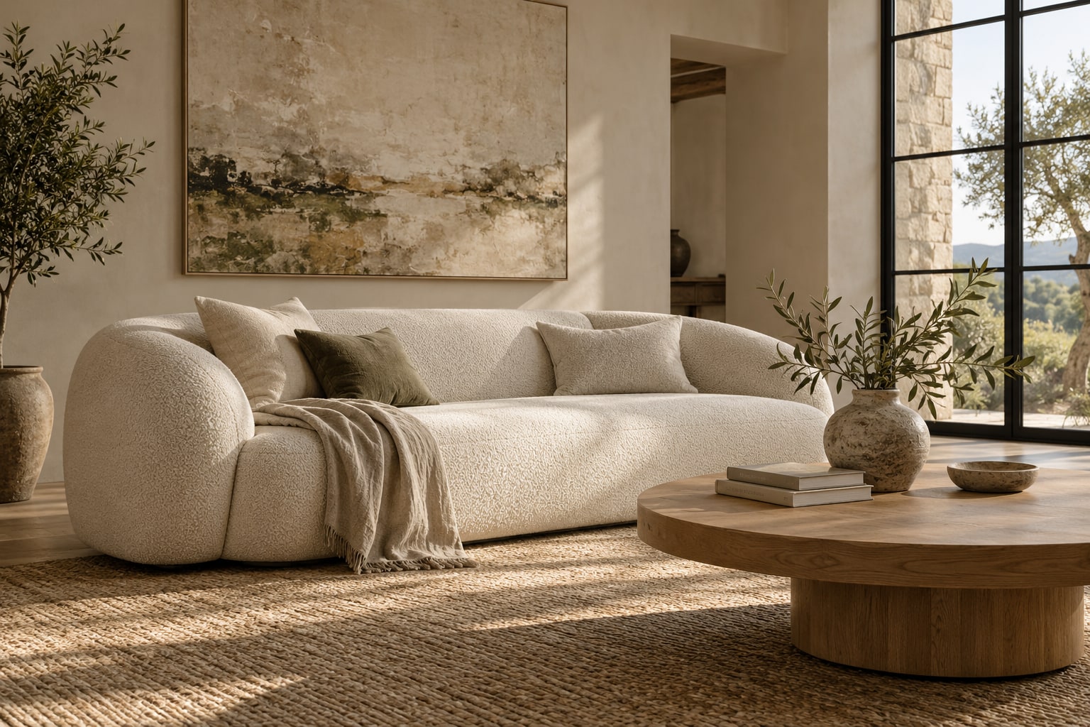 A sunlit living room with a soft ivory sofa, oak table, and sculptural vase