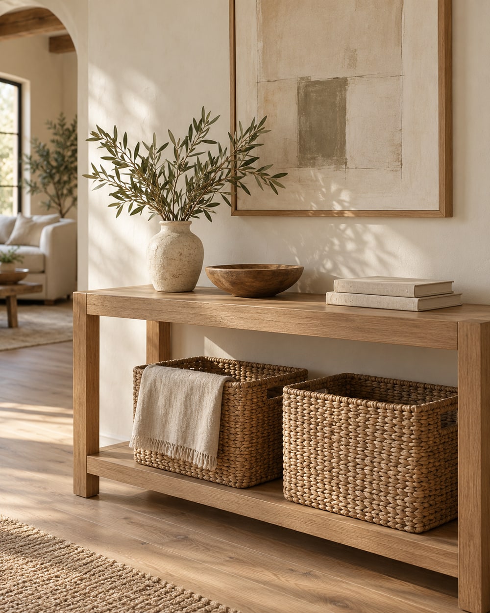 Natural storage baskets and folded linen beneath an uncluttered console
