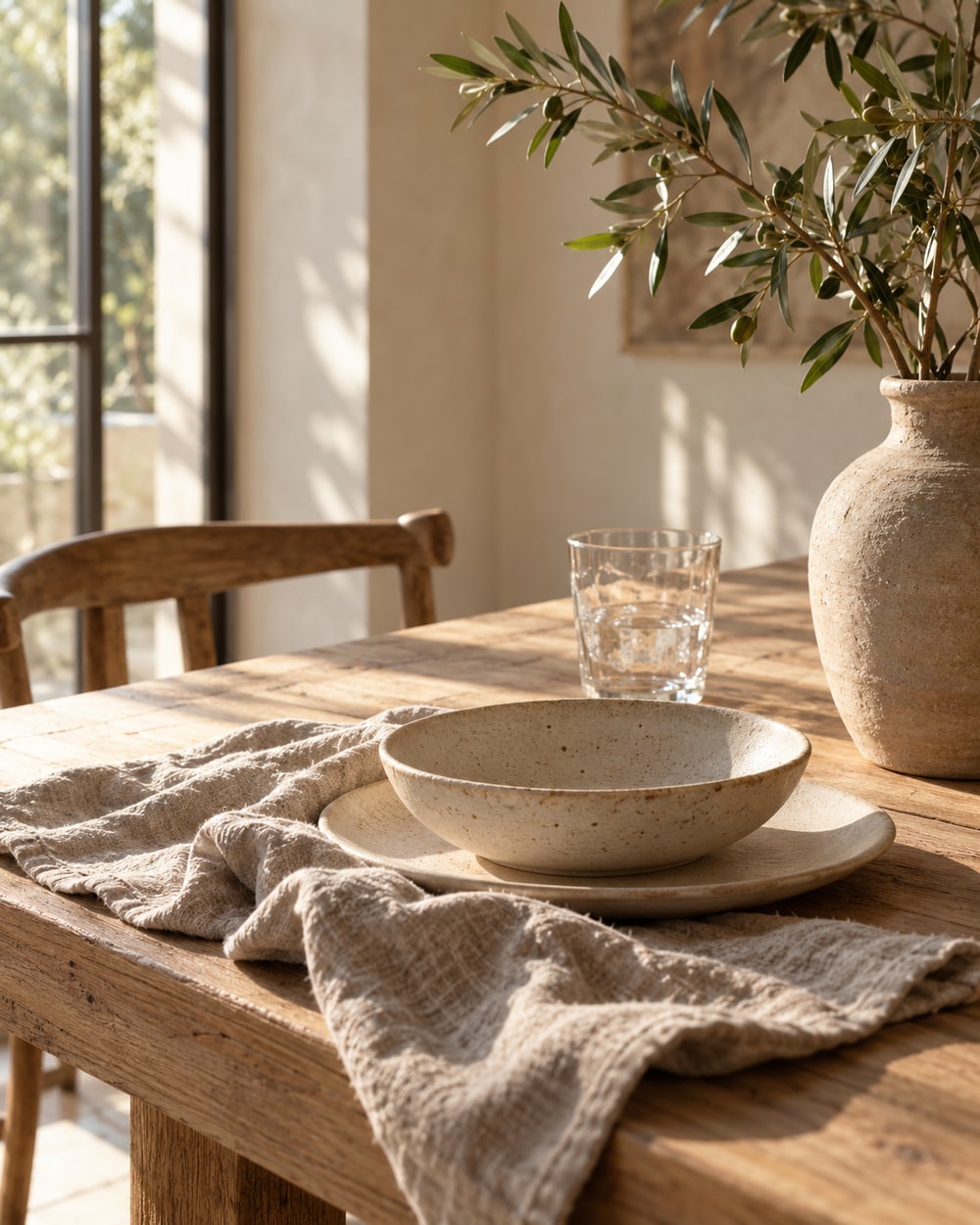 A simple ceramic bowl, a drinking glass, and linen on a sunlit dining table
